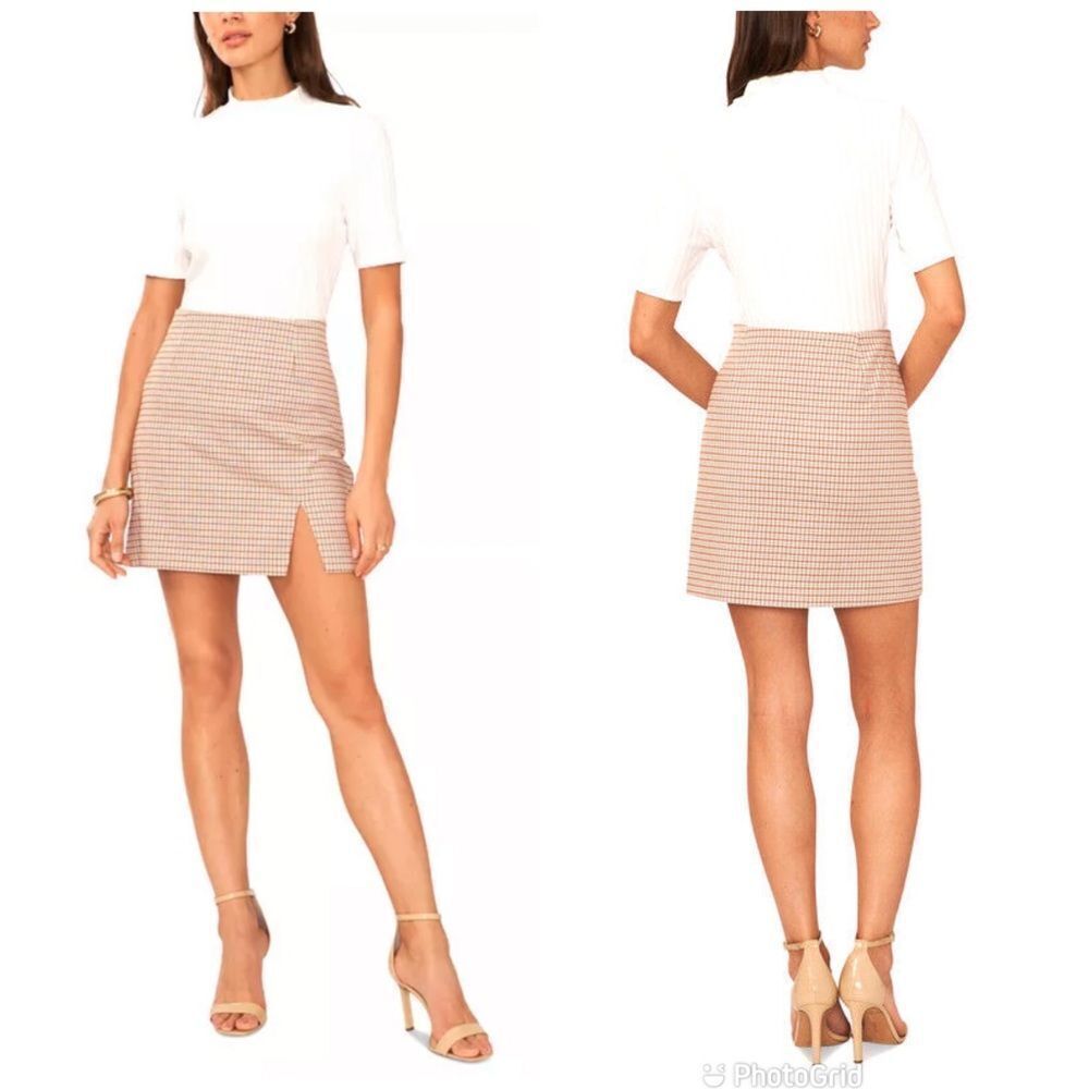 1. STATE Tan Plaid Mini Skirt Thigh Slit Preppy Clueless 60s 90s Y2K Size 12 New